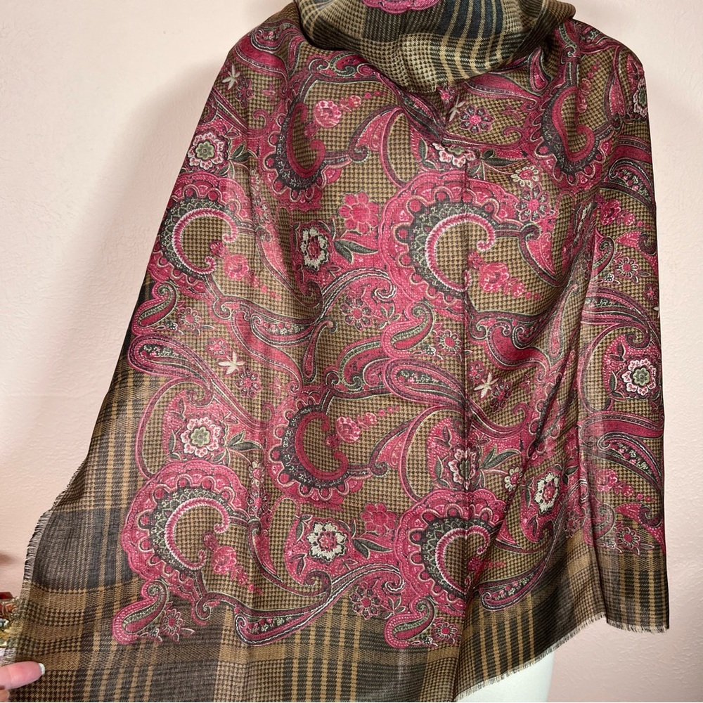 Vintage 1980 Glentex camel houndstooth magenta paisleys maximalist Winter Scarf - Picture 11 of 17